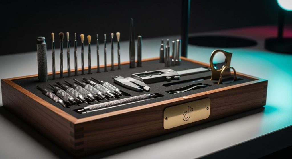 Herramientas profesionales organizadas en caja madera con logo TikTok