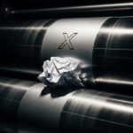 Hoja de papel atascada en rodillos de imprenta metálicos con logo de X