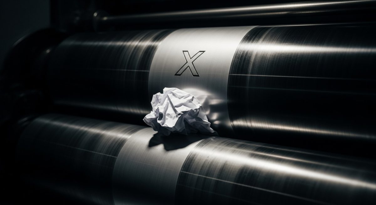 Hoja de papel atascada en rodillos de imprenta metálicos con logo de X