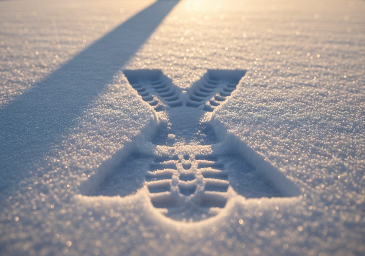 Huella de bota en nieve virgen iluminada por el sol