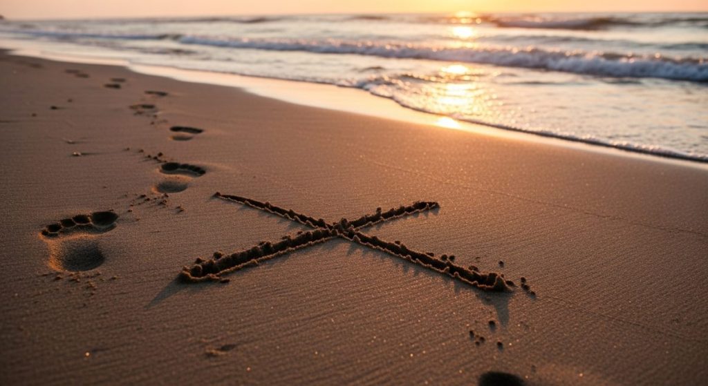 Huellas en arena alejándose de una gran X en playa