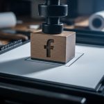 Imprenta de tipos móviles presionando logo de Facebook sobre papel