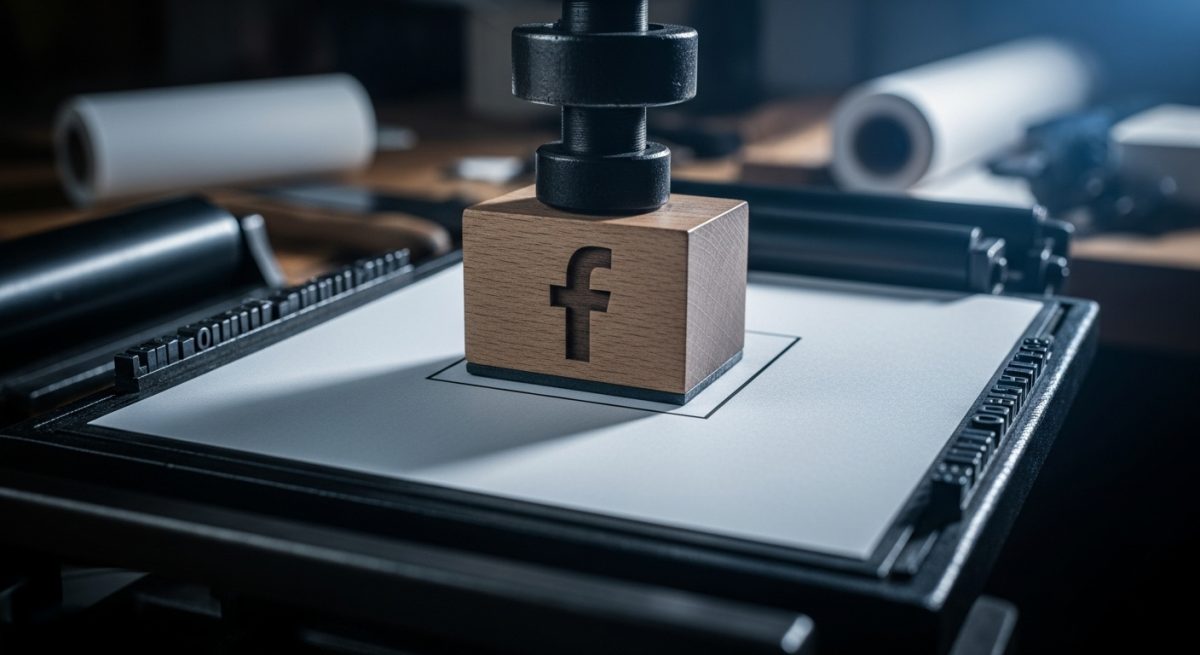 Imprenta de tipos móviles presionando logo de Facebook sobre papel