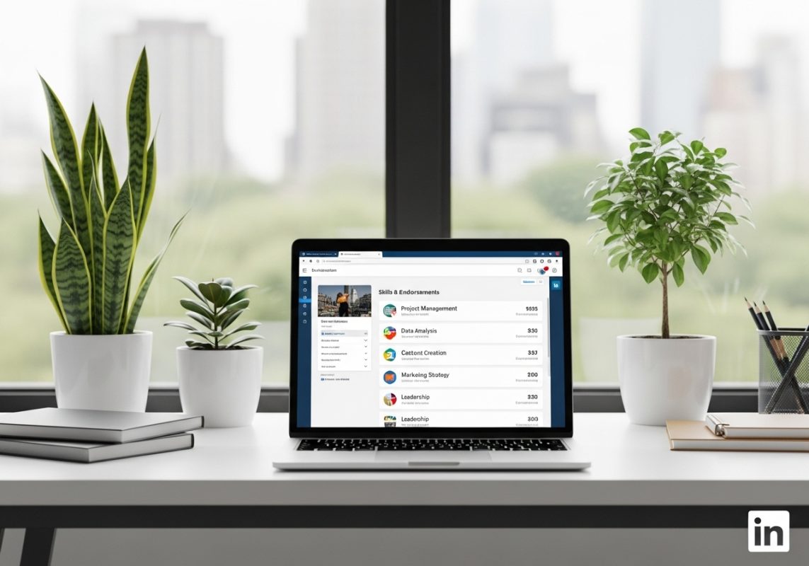 joven profesional actualizando perfil de LinkedIn en oficina