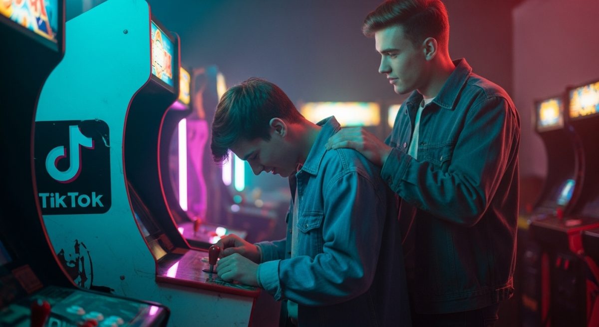 Jóvenes jugando en máquina recreativa clásica con iluminación neón