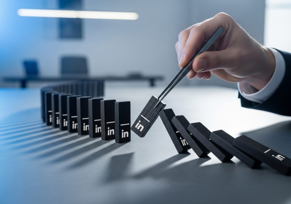 la mano de una persona usando unas pinzas de precisión para retirar con cuidado un único dominó de madera oscura de una larga fila con el logo de LinkedIn