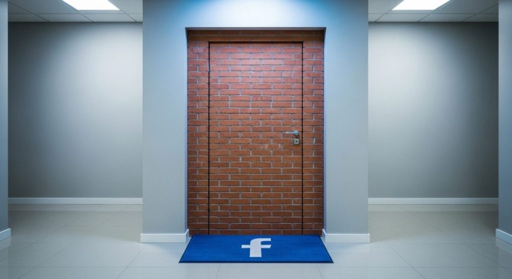 Ladrillos sellando la puerta de entrada de un apartamento con el logotipo de Facebook en el felpudo de bienvenida