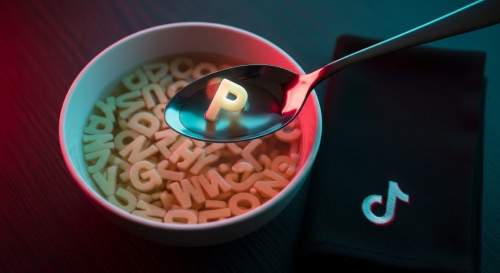 Letra P brillante en sopa de letras en cuenco de cerámica y servilleta de TikTok