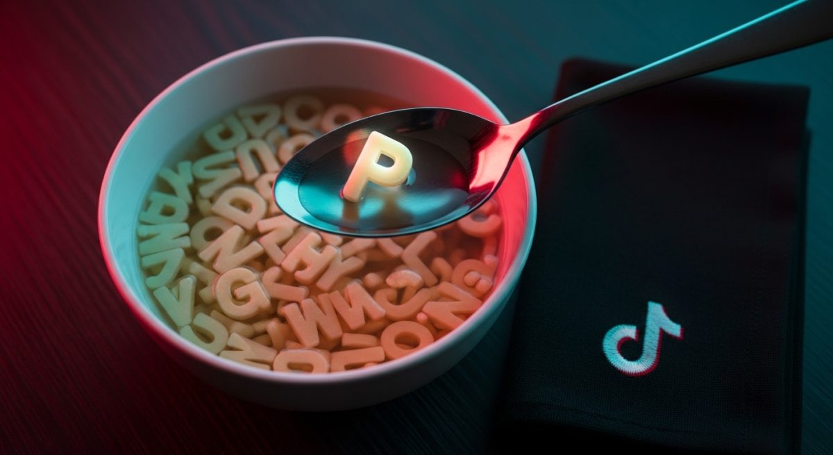 Letra P brillante en sopa de letras en cuenco de cerámica y servilleta de TikTok