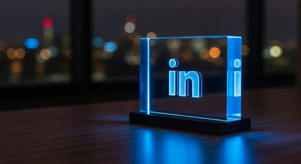 Letrero de acrílico azul con logo LinkedIn iluminado sobre escritorio
