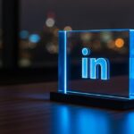 Letrero de acrílico azul con logo LinkedIn iluminado sobre escritorio