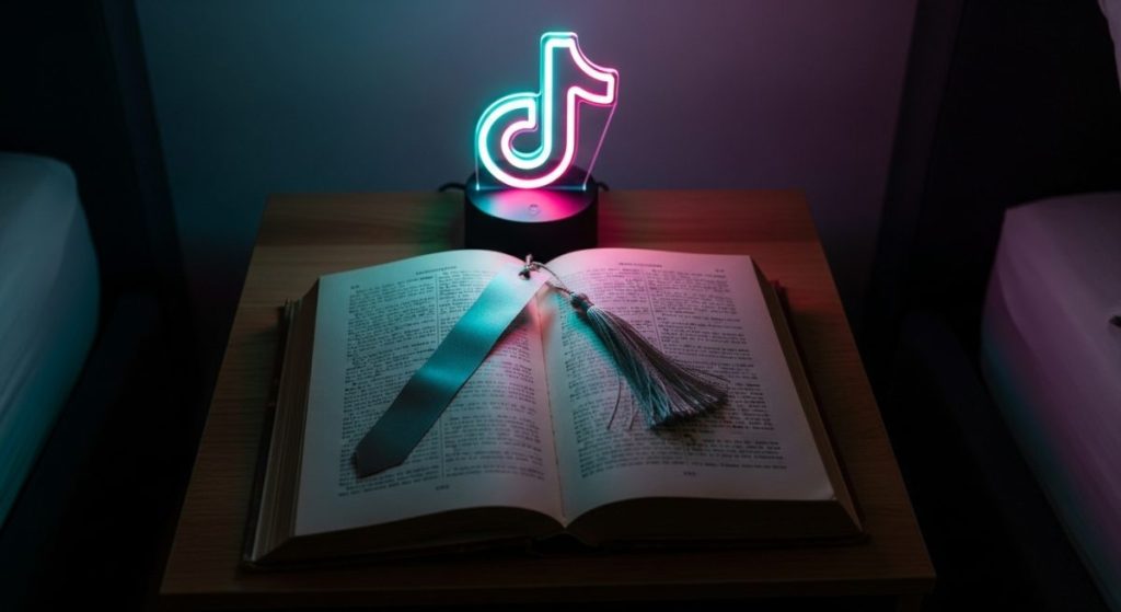 Libro antiguo abierto con luz de neón TikTok en dormitorio