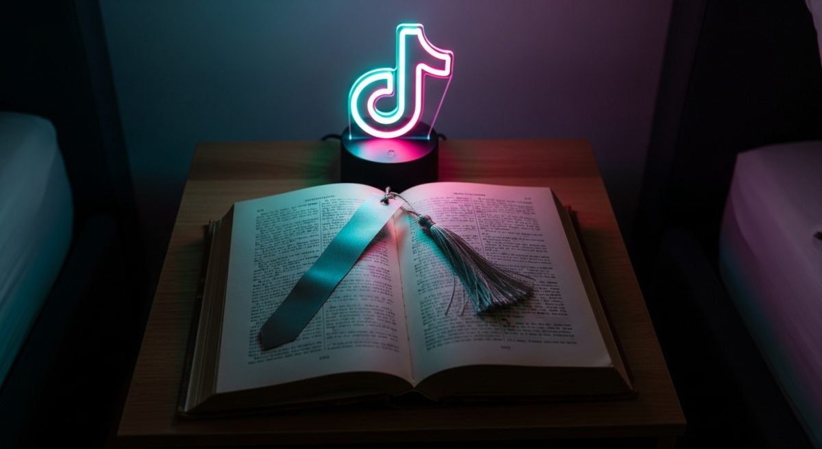 Libro antiguo abierto con luz de neón TikTok en dormitorio