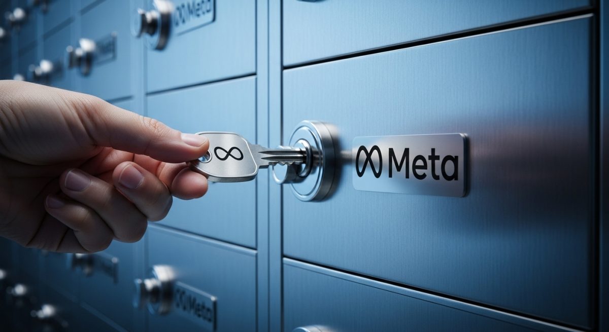 Llave de diseño moderno con logo Meta sobre caja fuerte