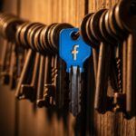 Llave moderna azul de facebook entre llaves antiguas oxidadas colgando