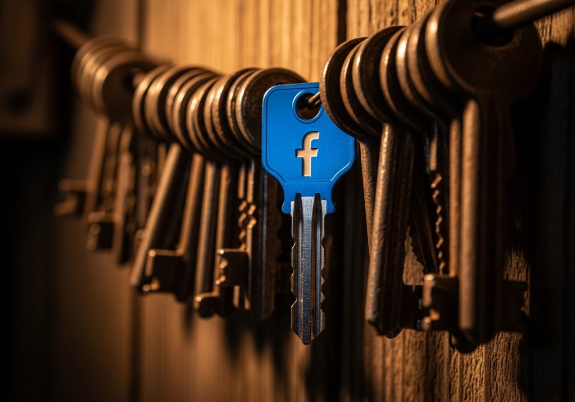 Llave moderna azul de facebook entre llaves antiguas oxidadas colgando