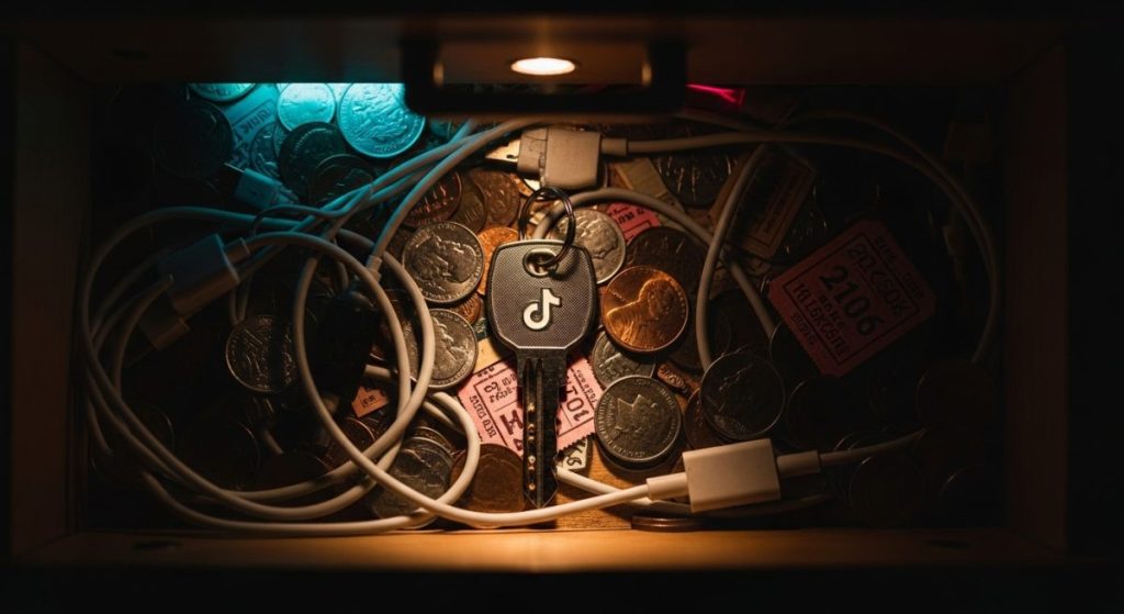 Llave moderna con logo TikTok entre objetos personales en cajón oscuro