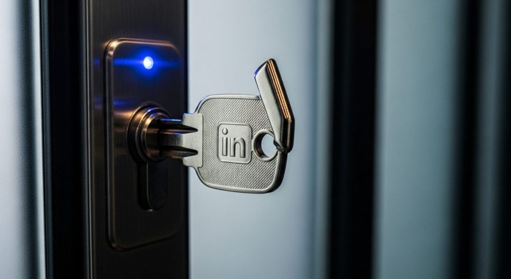 Llave moderna de metal pulido insertándose en cerradura oficina