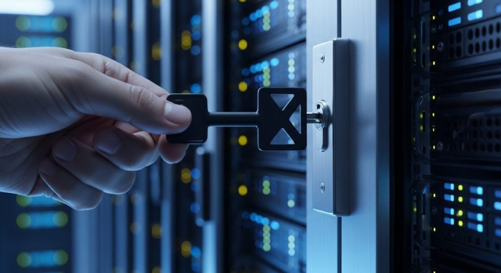 Llave negra en cerradura puerta acero centro de datos