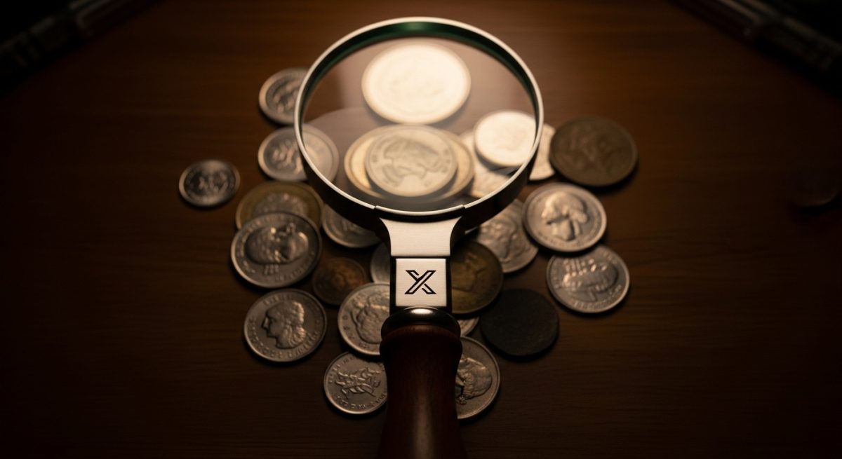 Lupa de detective con logo de X sobre monedas en escritorio oscuro
