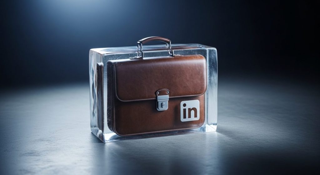 Maletín de cuero congelado con logo LinkedIn en hielo iluminado