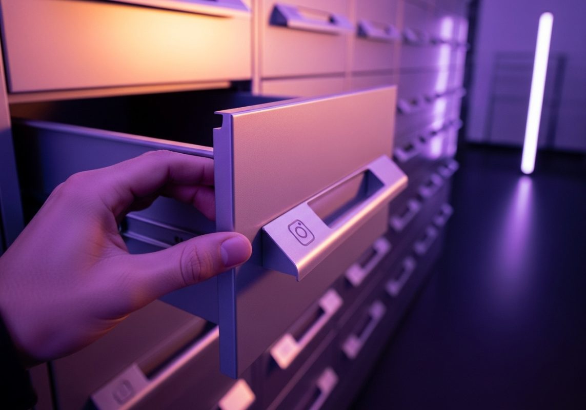 Mano abriendo cajón metálico minimalista en sala de archivos con logo de instagram