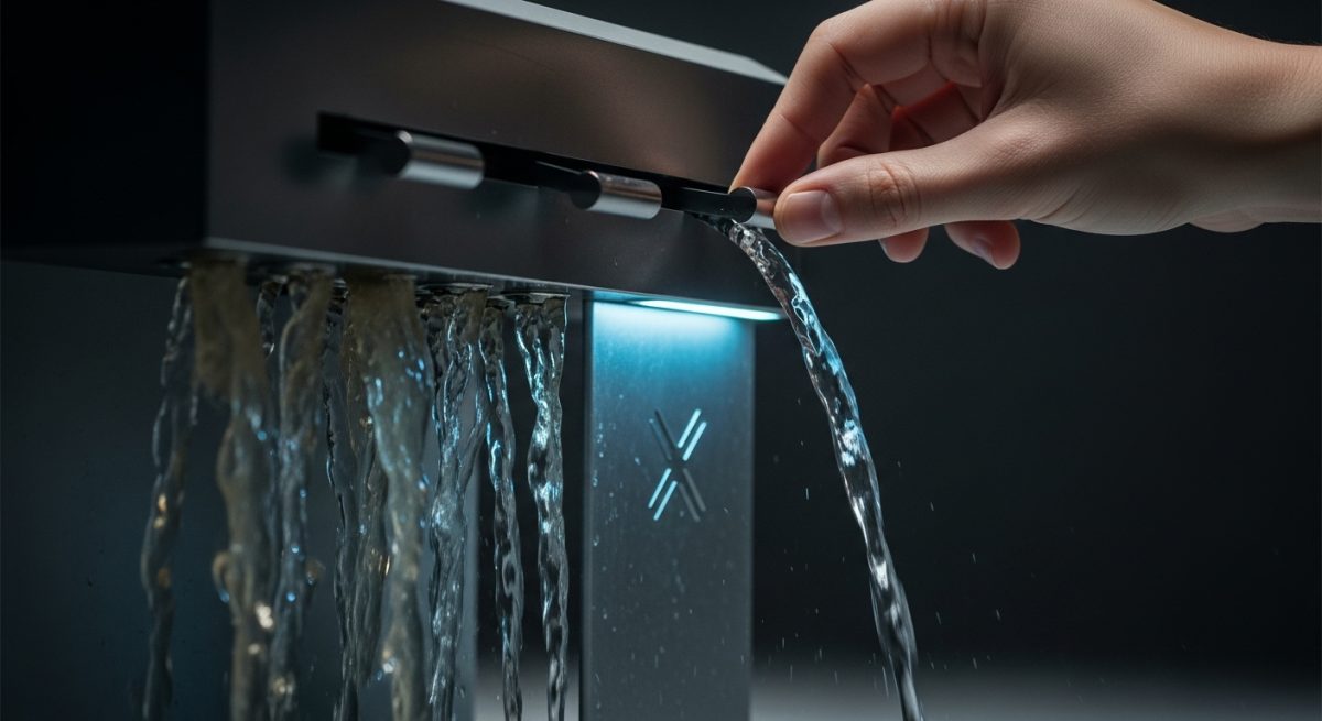 Mano ajustando consola metálica con agua clara en laboratorio con logo de X