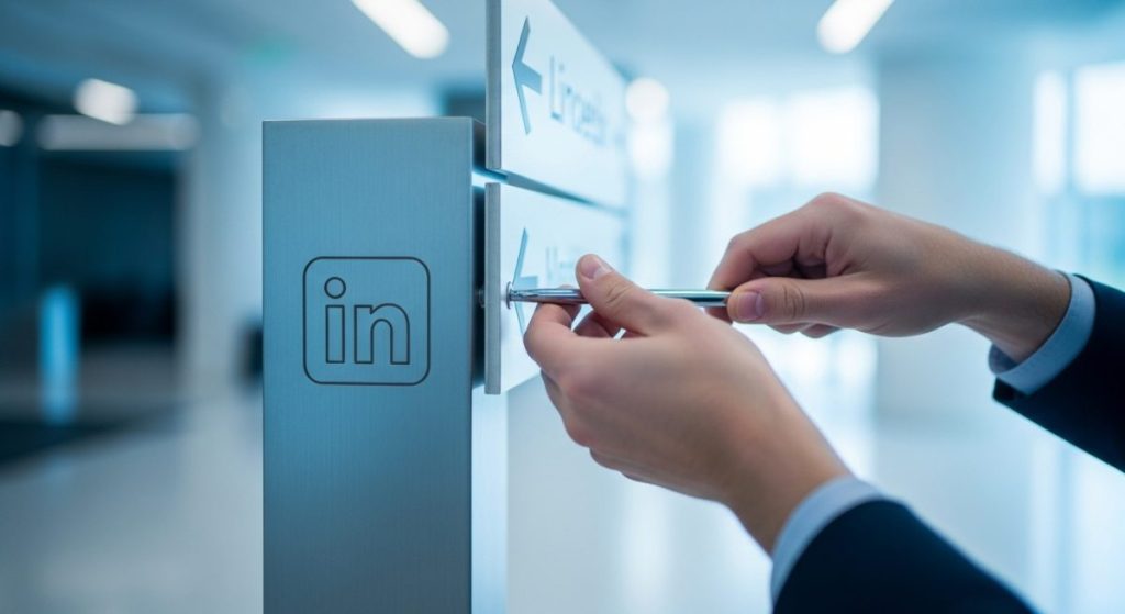 Mano ajustando letrero en poste con logo de LinkedIn minimalista