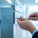 Mano ajustando letrero en poste con logo de LinkedIn minimalista