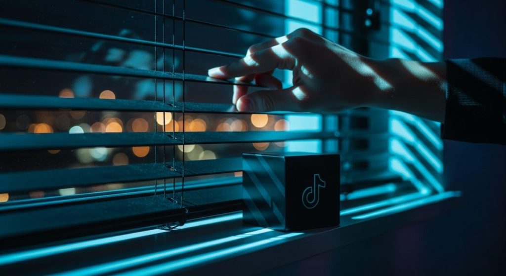Mano ajustando persiana veneciana negra con luz neón colorida