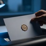 Mano alimentando documento con logo de LinkedIn en trituradora moderna