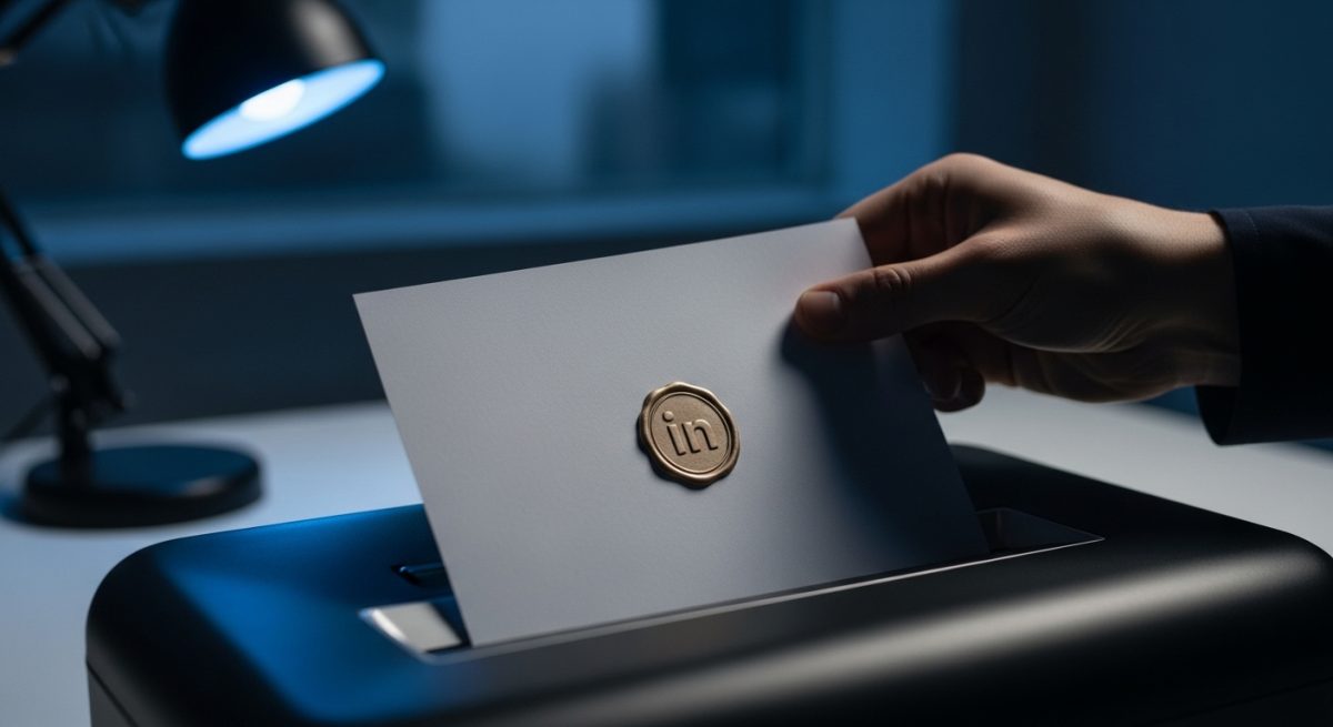 Mano alimentando documento con logo de LinkedIn en trituradora moderna