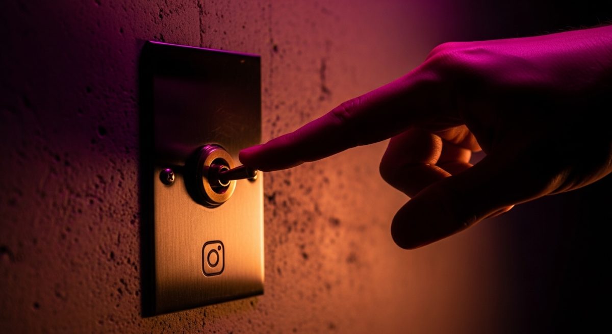Mano apagando interruptor de palanca latón vintage en pared con logo de instagram