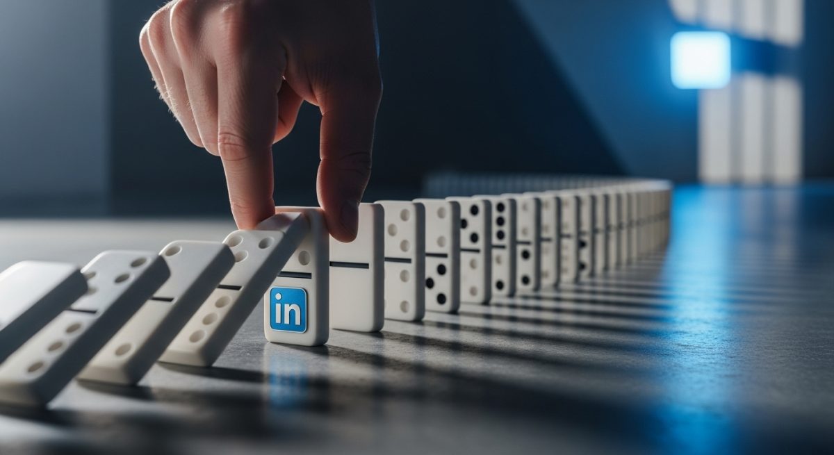 Mano cerca de un dominó blanco con logo de LinkedIn grabado