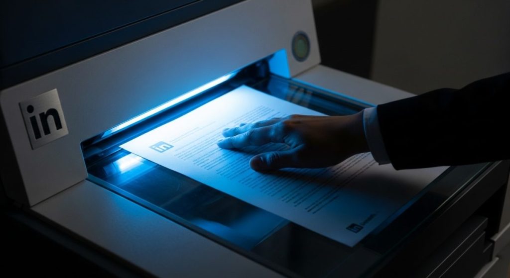 Mano colocando documento en fotocopiadora de LinkedIn iluminada de oficina moderna