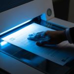 Mano colocando documento en fotocopiadora de LinkedIn iluminada de oficina moderna