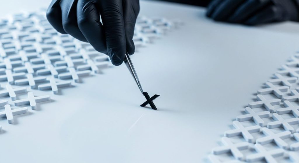 Mano con guante negro levantando pieza metálica con forma de logo de X negra con pinzas