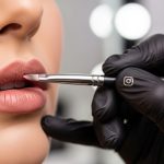 Mano con guante negro pinta labios usando brocha con logo Instagram