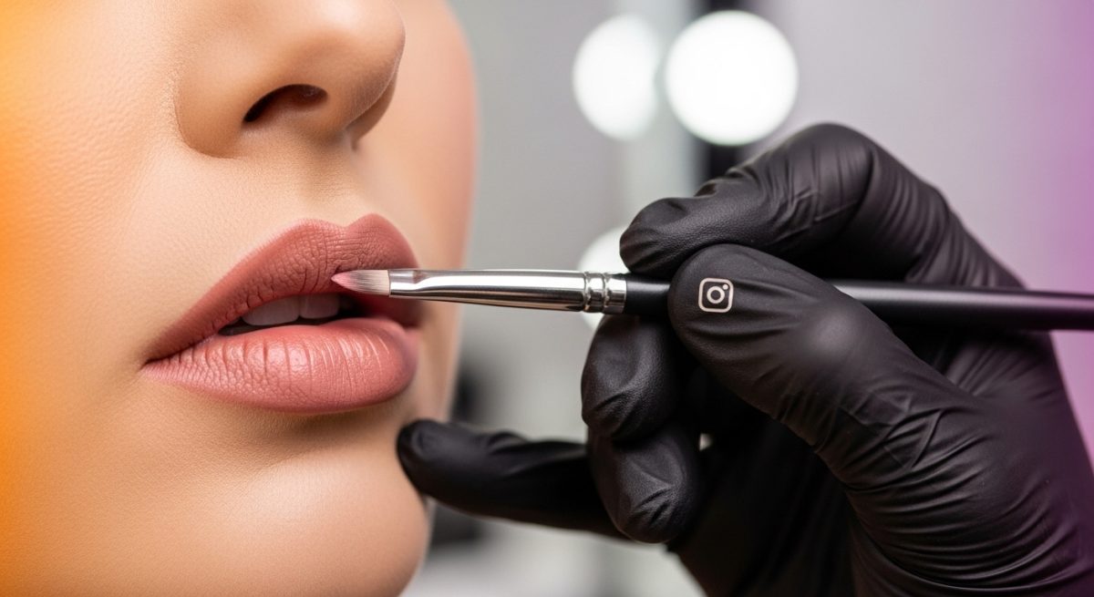 Mano con guante negro pinta labios usando brocha con logo Instagram