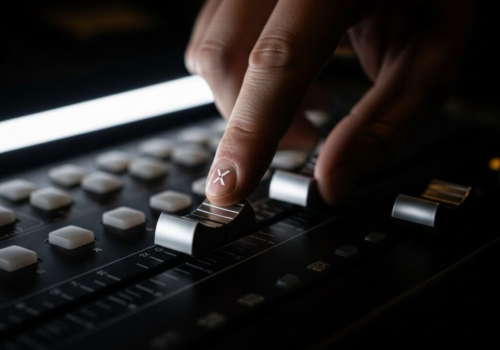 mano de ingeniero ajustando fader en consola profesional con logo de X pintada en el dedo