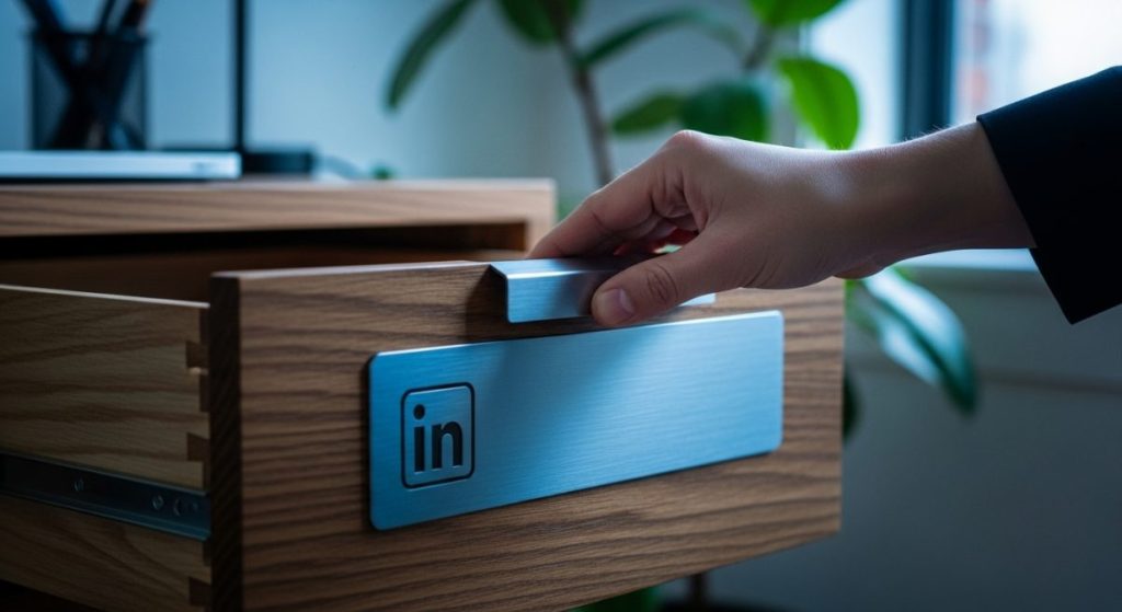 Mano deslizando cajón archivador con logo de LinkedIn en oficina