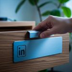 Mano deslizando cajón archivador con logo de LinkedIn en oficina