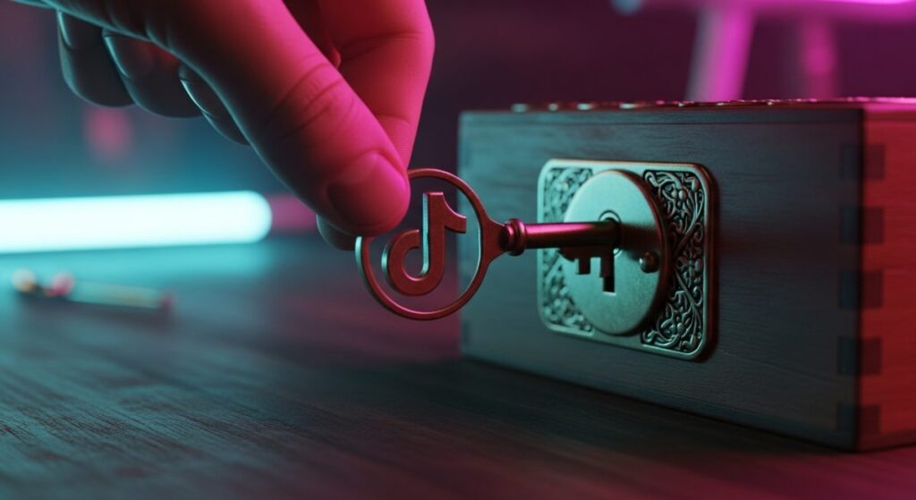 Mano insertando llave antigua con logo TikTok en caja ornamental