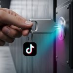 Mano insertando llave con logo TikTok en puerta metálica futurista