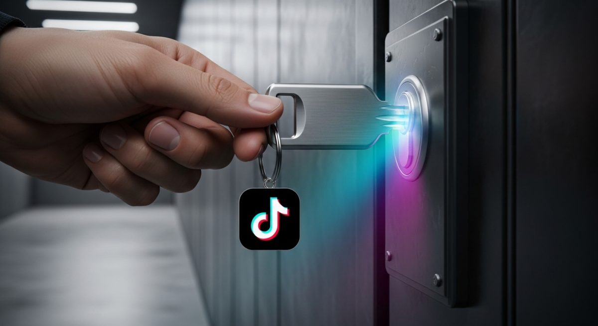 Mano insertando llave con logo TikTok en puerta metálica futurista