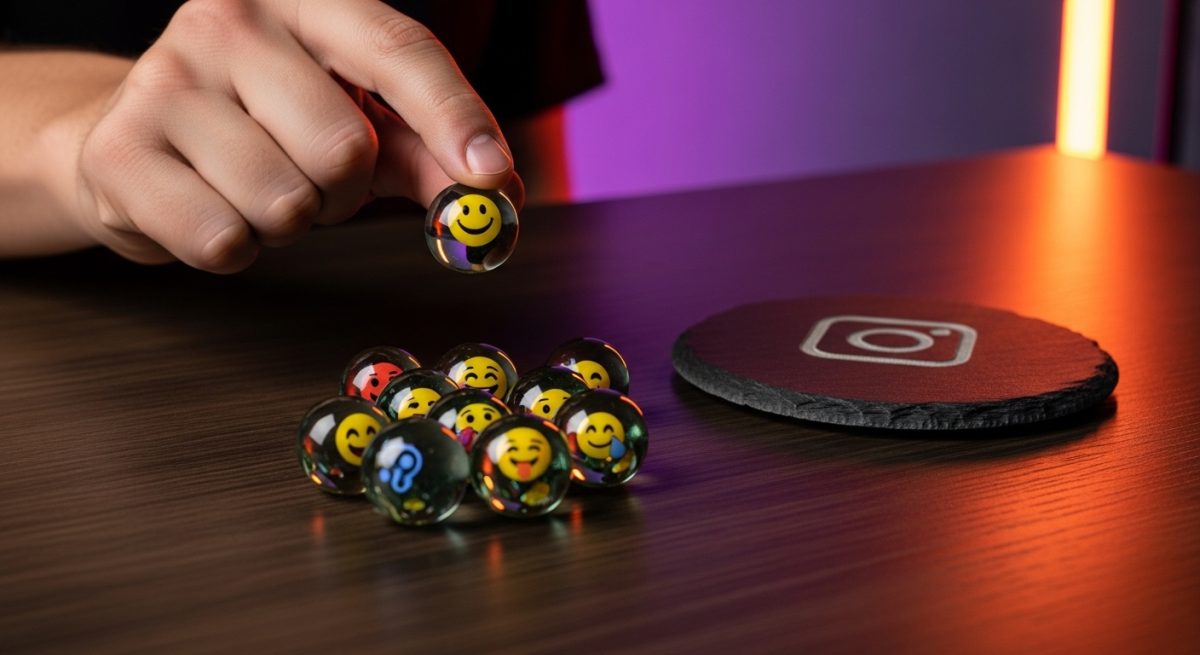 Mano lanza canica con emoji sonriente sobre mesa de madera