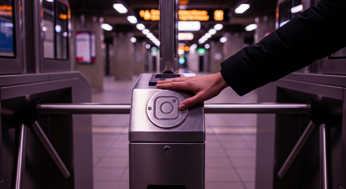 Mano presionando torniquete bloqueado en estación de metro vacía con logo de instagram