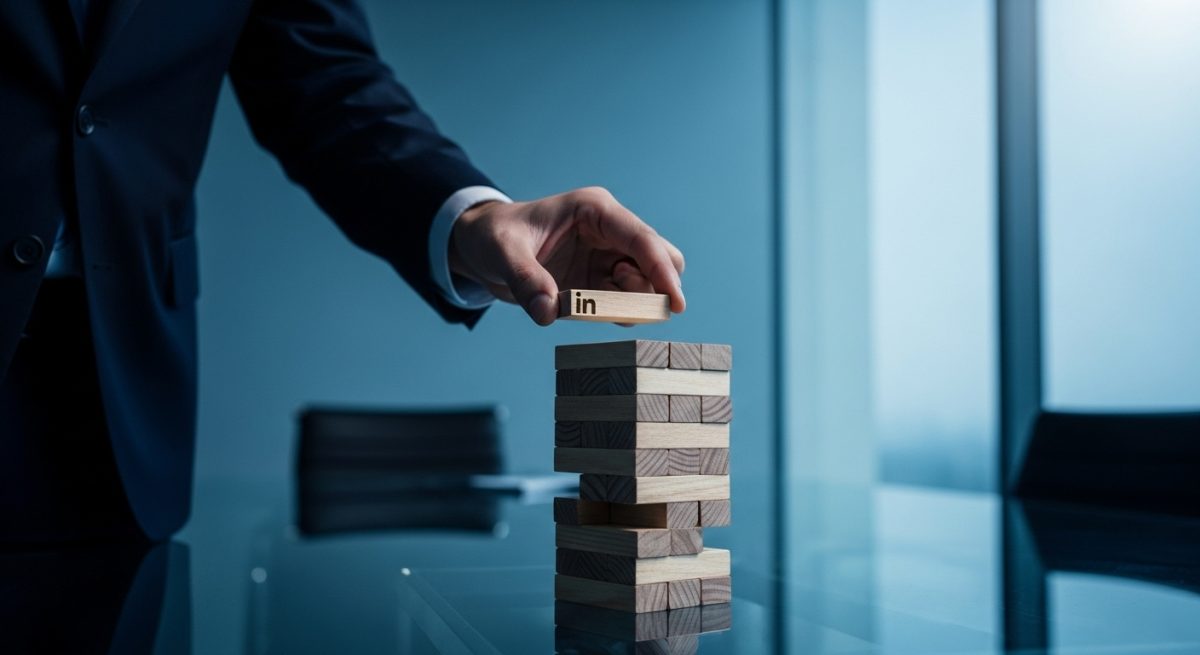 Mano profesional sacando bloque de Jenga con logo de LinkedIn en oficina moderna