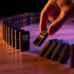 Mano retirando dominó con logo de Instagram iluminación dramática