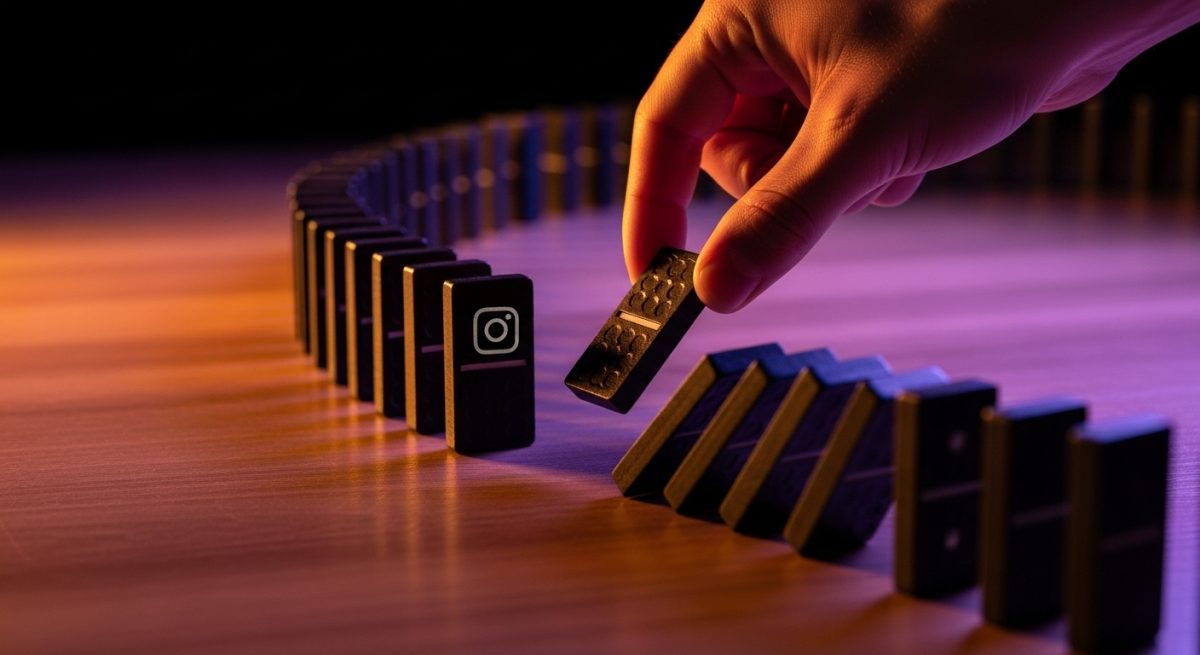 Mano retirando dominó con logo de Instagram iluminación dramática